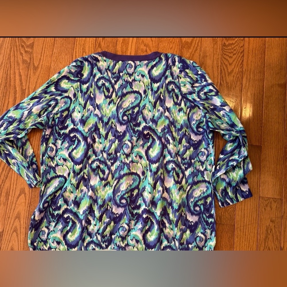 isaac Mizrahi Live Boyfriend V-Neck Cardigan 3XL Artisanal Print - Picture 2 of 4